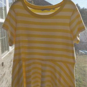 Isaac Mizrahi Live! Short Sleeve Striped Peplum Knit Top Plus 1X Yellow & White